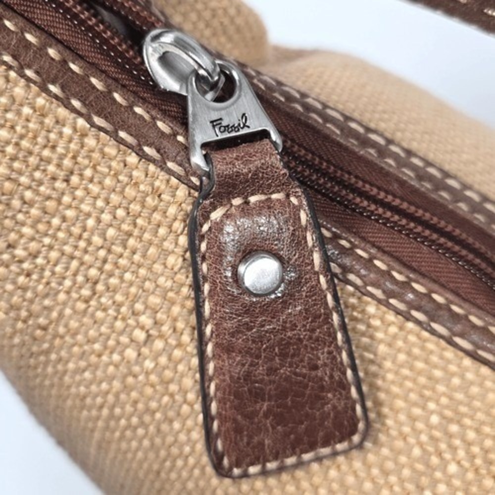 Fossil Straw Leather Floral‎ Canvas Hobo Bag Womens Small Brown Boho Key Charm - Picture 3 of 10